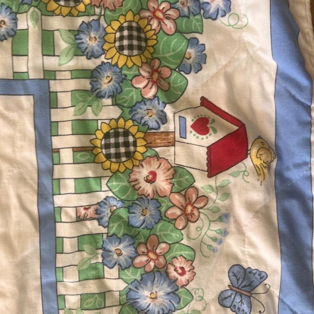 Vintage Teddy Bear Garden Quilted Baby Blanket Floral Picket Fence Nursery Blue